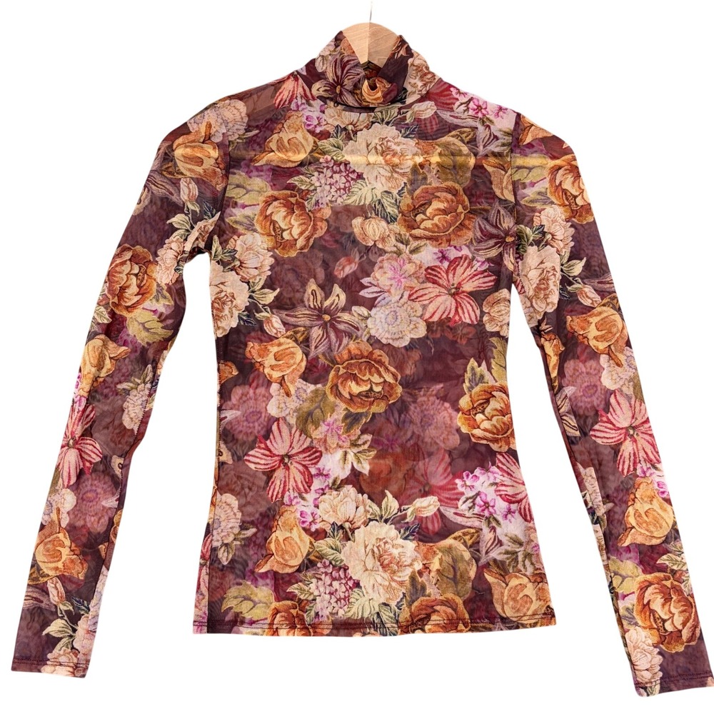 Guess XS Sheer Mesh Floral Turtleneck Long Sleeve Top Burgundy Orange Boho Y2K